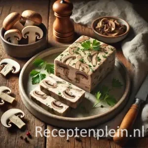 Hyperrealistische foodfoto van een in plakken gesneden paddenstoelenterrine met kip, met zichtbare lagen van fijngehakte champignons en malse kip in een rechthoekige vorm. De terrine ligt op een rustiek keramisch bord op een houten tafel en is gegarneerd met verse peterselie en enkele plakjes champignon. Op de achtergrond staan schaaltjes met paddenstoelen, een pepermolen, een vintage mes en een linnen servet in zacht natuurlijk zijlicht met subtiele schaduwen.