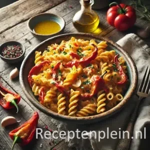 Pasta met geroosterde paprikasaus op een rustieke houten tafel