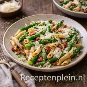 Penne met groene asperges op rustieke houten tafel