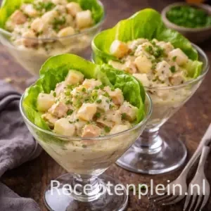 Witte asperge kipcocktail op een rustieke houten tafel.
