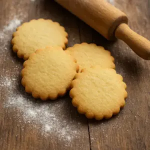 Zandkoekjes op rustieke houten tafel met deegroller en bloem