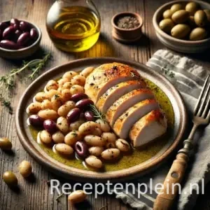 Hyperrealistische foodfoto van in plakken gesneden goudbruine maïskipfilet met romige boterbonen en een lepel donkere olijventapenade, geserveerd op een rustiek keramisch bord op een houten tafel. De bonen glanzen licht van olijfolie en zijn gegarneerd met verse tijm. Op de achtergrond staan schaaltjes met olijven, een fles olijfolie, een linnen servet en vintage bestek in helder natuurlijk daglicht met zachte schaduwen.