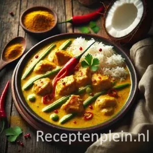 Hyperrealistische foodfoto van malse stukjes kip in een romige goudgele currykokossaus, geserveerd in een diepe donkere keramische kom op een rustieke houten tafel. In de saus liggen sperziebonen en rode chili, met een portie witte jasmijnrijst aan de zijkant in dezelfde kom. Op de achtergrond staan een halve kokosnoot, schaaltjes met kerriepoeder en kruiden, en een linnen doek in warm natuurlijk daglicht met zachte schaduwen.