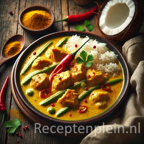 Hyperrealistische foodfoto van malse stukjes kip in een romige goudgele currykokossaus, geserveerd in een diepe donkere keramische kom op een rustieke houten tafel. In de saus liggen sperziebonen en rode chili, met een portie witte jasmijnrijst aan de zijkant in dezelfde kom. Op de achtergrond staan een halve kokosnoot, schaaltjes met kerriepoeder en kruiden, en een linnen doek in warm natuurlijk daglicht met zachte schaduwen.