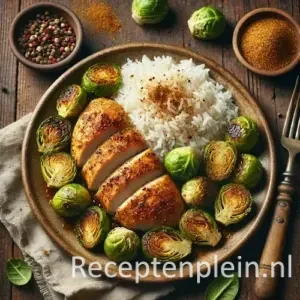 Hyperrealistische foodfoto van in plakken gesneden kipfilet met een goudbruine korst van koekkruiden, geserveerd met witte rijst en geroosterde spruitjes op een rustiek aardewerken bord. De spruitjes hebben gekarameliseerde snijvlakken en liggen naast de luchtige rijst. Het bord staat op een houten tafel met schaaltjes specerijen, een houten lepel en een linnen servet in warm herfstachtig daglicht met zachte schaduwen.