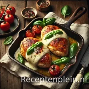 Kip met mozzarella op rustieke houten tafel
