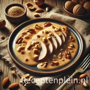 Kip met noten roomsaus op rustieke houten tafel