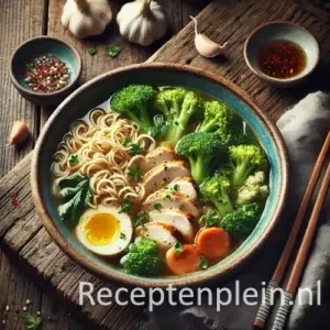 Noodlesoep met kip en broccoli op een rustieke houten tafel