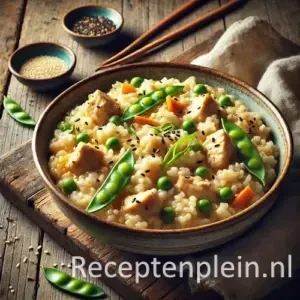 Oosterse risotto op een rustieke houten tafel
