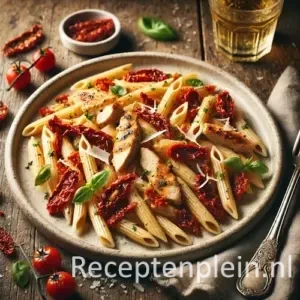 Hyperrealistische foodfoto van penne pasta met gegrilde kipreepjes en zongedroogde tomaten op een licht keramisch bord, geplaatst op een rustieke houten tafel. De pasta is gegarneerd met verse basilicum en schilfers Parmezaanse kaas. Op de achtergrond staan een glas witte wijn, een schaaltje zongedroogde tomaten en een linnen servet in warm natuurlijk namiddaglicht met zachte schaduwen.