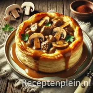 Hyperrealistische foodfoto van een goudbruin bladerdeegpasteitje gevuld met romige stroganoffragoût met stukjes rundvlees en champignons, geserveerd op een keramisch bord op een rustieke houten tafel. De saus loopt licht over de rand van het pasteitje. Op de achtergrond liggen verse champignons, peterselie, een schaaltje kruiden en een linnen doek in zacht natuurlijk zijlicht met subtiele schaduwen.