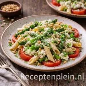 Penne met groene asperges en ricotta op rustieke houten tafel