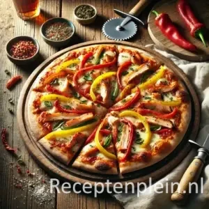 Hyperrealistische foodfoto van een dunne pizza met reepjes rode en gele paprika en stukjes gerookte kip, geserveerd op een ronde houten plank op een rustieke houten tafel. De pizza is in punten gesneden en heeft gesmolten mozzarella met licht gebruinde plekjes. Op de tafel liggen een pizzasnijder, een schaaltje chilivlokken, een glas rode wijn en een linnen servet in warm natuurlijk avondlicht met zachte schaduwen.