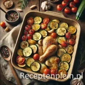 Raviolisalade met kip en rucola op rustieke houten tafel