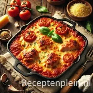 Hyperrealistische foodfoto van een gegratineerde tomatenpuree schotel met kip in een gietijzeren pan op een rustieke houten tafel. De ovenschotel heeft een goudbruine, bubbelende kaaskorst met stukjes kip en tomatensaus zichtbaar aan de randen, gegarneerd met verse basilicumblaadjes. Rondom liggen verse tomaten, knoflook, een schaaltje geraspte kaas en een linnen doek in warm natuurlijk licht met zachte schaduwen.