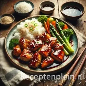 Kip teriyaki met rijst en groenten op rustieke houten tafel.