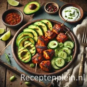 Kip tikka met avocado en komkommer op rustieke houten tafel.