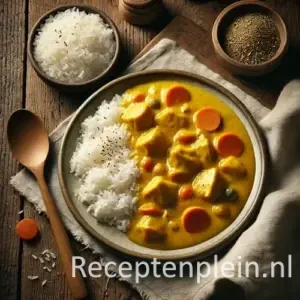 Hyper-realistische foodfoto van kipcurry met malse stukjes kip in een romige geelgekleurde currysaus met wortelschijfjes, geserveerd naast een eenvoudige portie witte rijst op een basic keramisch bord. Het bord staat op een rustieke houten tafel met een lepel, een linnen doek en een klein kommetje rijst in zacht natuurlijk daglicht voor een huiselijke, realistische uitstraling.