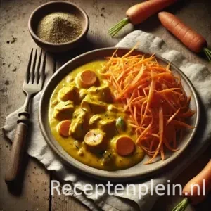 Hyper-realistische foodfoto van kipcurry met malse stukjes kip in een romige geelgekleurde currysaus, geserveerd naast een eenvoudige wortelsalade van geraspte wortel op een basic keramisch bord. Het bord staat op een rustieke houten tafel met een vork, een linnen doek en enkele losse wortels in zacht natuurlijk daglicht, met een sobere en huiselijke uitstraling.