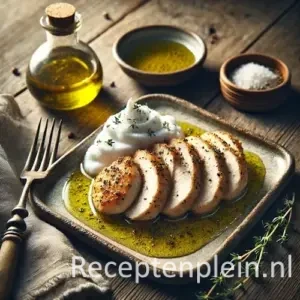 Hyperrealistische foodfoto van in plakken gesneden kipfilet in een ruime laag olijfolie, geserveerd op een rustiek keramisch bord op een houten tafel. Naast de kip ligt een luchtige toef wit kokosschuim. Op de tafel staan een klein schaaltje olijfolie, verse tijm, grof gemalen peper, een linnen servet en vintage bestek. Warm natuurlijk licht zorgt voor zachte schaduwen en een authentieke, culinaire uitstraling.