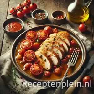 Kipfilet met warme tomatenvinaigrette en cherrytomaten op houten tafel.