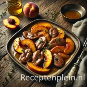 Kippenlevers met gebakken perzik op rustieke houten tafel.