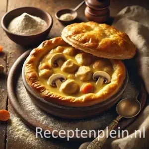 Hyperrealistische foodfoto van romige kippenragoût in een rustieke keramieken kom op een houten tafel, afgedekt met een goudbruin bladerdeegdekseltje. Het dekseltje is licht opengebroken waardoor de romige saus met stukjes kip, champignons en wortel zichtbaar is. Naast de kom liggen een vintage lepel, een linnen doek en wat bloem op de tafel in warm natuurlijk licht.