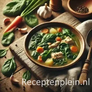 Maaltijdsoep met spinazie en kip op rustieke houten tafel