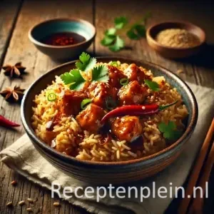 Hyperrealistische foodfoto van een keramische kom met luchtige rijst en glanzende, oosters gekruide kipstukjes, gegarneerd met verse koriander, rode chilipeper en sesamzaad. De kom staat op een rustieke houten tafel met een linnen servet, houten eetstokjes, een schaaltje sojasaus en steranijs op de achtergrond. Warm natuurlijk licht en zachte schaduwen zorgen voor een sfeervolle, culinaire uitstraling.
