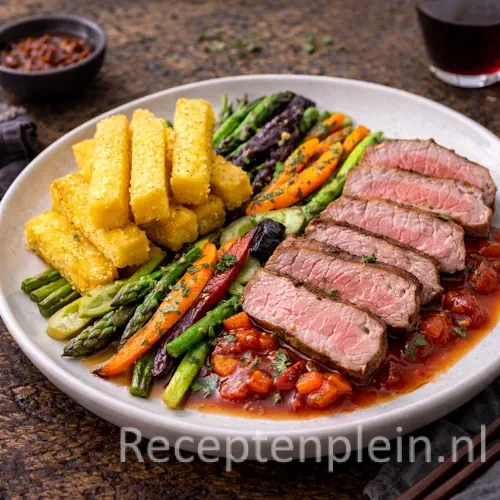 Gekonfijte kalf zij lende met krokante groenten en polenta frites op rustieke houten tafel