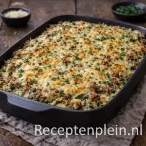 Gegratineerde courgetteschotel met gehakt uit de oven op een rustieke houten tafel.