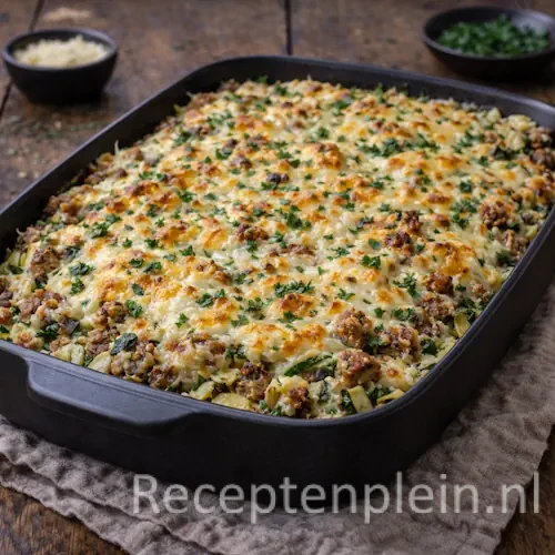 Gegratineerde courgetteschotel met gehakt uit de oven op een rustieke houten tafel.