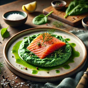 Warm zalmgerecht met licht gerookte zalmfilet op een romige spinaziecrème, gegarneerd met verse dille, basilicum en zoutvlokken – een elegant Frans voorgerecht met kruiden, perfect als gerookte zalm voorgerecht en ideaal bij een spinaziecrème recept.
