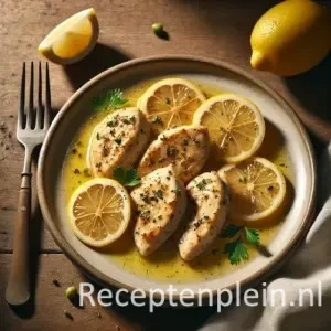 Hyper-realistische foodfoto van eenvoudig bereide citroenkip met goudbruin gebakken kipstukken in een lichte citroensaus met schijfjes citroen en wat verse peterselie. Geserveerd op een eenvoudig keramisch bord op een rustieke houten tafel, met een vork, een halve citroen en een linnen doek in zacht natuurlijk daglicht, met een realistische huiselijke uitstraling.