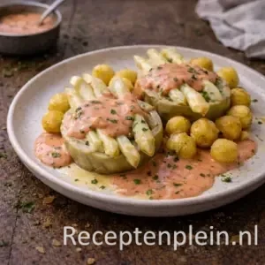 Garniture Choron met asperges op rustieke houten tafel