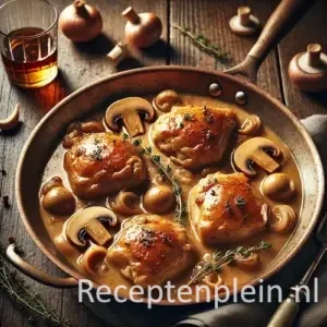 Kip in brandewijn op rustieke houten tafel