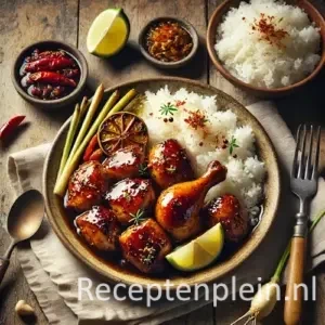 Hyperrealistische foodfoto van kip ketjap djeroek met sereh, geserveerd op een rustieke keramieken schaal met nasi gurih op een houten tafel. Kleine, natuurlijk gesneden kipstukjes zijn geglaceerd in donkere zoete ketjapsaus met subtiele citrus en fijngehakte citroengras, naast luchtige kokosrijst. Geserveerd met een portie atjar en omringd door een linnen doek, bestek en schaaltjes saus in warm natuurlijk daglicht.