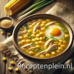 Hyperrealistische foodfoto van Chinese maïs kippensoep in een rustieke keramieken kom op een houten tafel. De goudgele, licht gebonden bouillon bevat zoete maïskorrels, fijne stukjes kip en dunne ei-sliertjes, afgewerkt met ringetjes lente-ui. Op de achtergrond liggen een maïskolf, extra maïskorrels, een vintage lepel en een linnen doek in warm natuurlijk licht.