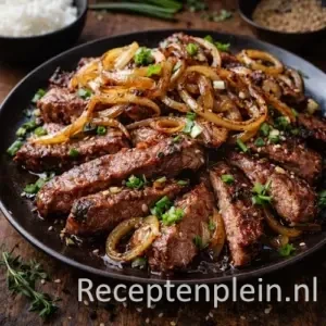 Mongools lamsvlees barbecue op een rustieke houten tafel.