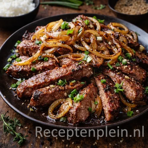 Mongools lamsvlees barbecue op een rustieke houten tafel.