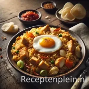 Hyperrealistische foodfoto van Indonesische nasi goreng met kip op een rustieke keramieken schaal op een houten tafel. De gebakken rijst heeft losse, goudbruine korrels gemengd met kleine reepjes kip, dunne plakjes wortel, prei en ui. Bovenop ligt een zacht gebakken ei en het gerecht is afgewerkt met knapperige uitjes en kroepoek, met een schaaltje sambal en bestek in warm natuurlijk licht.