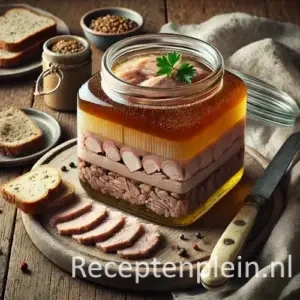Hyper-realistische foodfoto van traditioneel Vlaams potjesvlees met lagen mals vlees in heldere gelei, geserveerd in een glazen pot en op een rustieke schaal op een houten tafel. Naast het gerecht liggen sneetjes knapperig brood, een schaaltje grove mosterd, een vintage mes en een linnen doek in warm natuurlijk daglicht met een authentieke landelijke premium food magazine uitstraling.