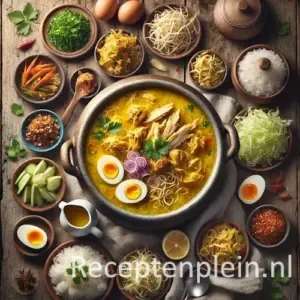Hyperrealistische foodfoto van een rijk gevulde soto ayam-tafel op een rustieke houten tafel. In het midden staat een grote pan met goudgele kippensoep met miehoen en stukjes kip, gegarneerd met gehalveerde eieren en bladselderij. Daaromheen staan aparte kommetjes met taugé, aardappelschijfjes, gebakken uitjes, rijst, gesneden kool, sambal, ketjap en citroenpartjes, sfeervol belicht met warm natuurlijk licht.