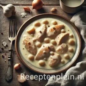 Hyper-realistische foodfoto van witte kip in een lichte romige saus met zoute sjalotjes, geserveerd op een eenvoudig keramisch bord op een rustieke houten tafel. De kipstukken liggen in een natuurlijke, niet-glanzende saus met kleine sjalotjes eromheen, met een vork, enkele rauwe sjalotten en een linnen doek in zacht natuurlijk daglicht voor een sobere, huiselijke uitstraling.