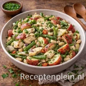 Aardappelsalade met kip in een ruime keramische kom met geroosterde aardappelen, malse stukjes kip en frisse kruiden, geserveerd op een rustieke houten tafel met peterselie, houten lepels en een linnen doek bij warm natuurlijk licht.