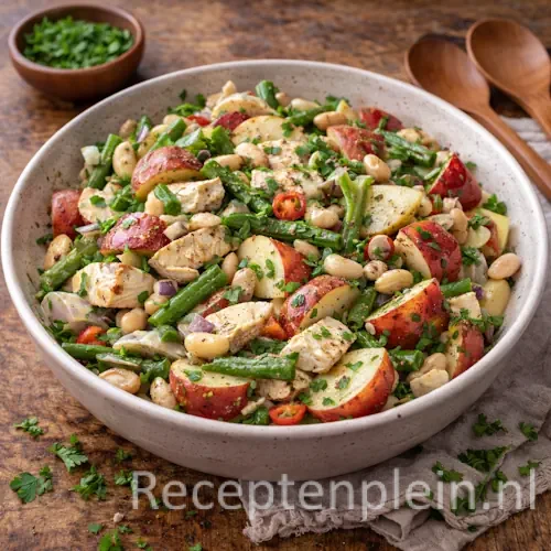 Aardappelsalade met kip in een ruime keramische kom met geroosterde aardappelen, malse stukjes kip en frisse kruiden, geserveerd op een rustieke houten tafel met peterselie, houten lepels en een linnen doek bij warm natuurlijk licht.