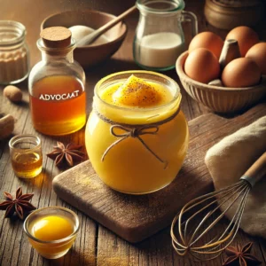 Zelfgemaakte advocaat uit de Kempen, met een romige goudgele textuur, geserveerd in een glazen pot en een klein glaasje, gegarneerd met een snufje nootmuskaat, op een houten tafel met eieren, suiker en een garde in een rustieke setting.
