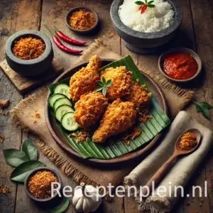 Hyper-realistische foodfoto van Ayam Goreng Mbok Berek, Indonesische goudbruin gefrituurde kip met krokante korst, geserveerd op een bananenblad op een donker keramisch bord op een rustieke houten tafel. Rondom staan kommetjes met rode sambal, gestoomde witte rijst in een stenen kom, knapperige gebakken uitjes, komkommerschijfjes, rode pepers en knoflook. Warm, sfeervol natuurlijk licht met rijke aardetinten en een authentieke, ambachtelijke presentatie.