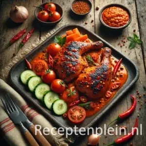 Natuurgetrouwe foodfoto van Ayam Panggang Menada geserveerd op een donkere aardewerken schaal op een rustieke houten tafel. Gegrilde kipstukken met duidelijke grillstrepen zijn rijkelijk bedekt met een grove rood-oranje chilisaus met stukjes tomaat en kruiden. Rondom liggen plakjes komkommer, tomaat, verse rode pepers en een schaaltje extra sambal. Gefotografeerd in helder tropisch daglicht met subtiele sausdruppels en chilizaadjes op tafel voor een authentieke, huiselijke grilluitstraling.