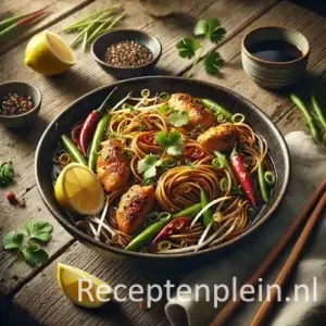Hyper-realistische foodfoto van bahmi met woknoedels en goudbruin gebakken citroenkip in een donkere keramische schaal op een rustieke houten tafel. De noedels zijn gegarneerd met rode chilipeper, bosui, koriander en taugé, met partjes citroen ernaast. Op de tafel liggen houten eetstokjes, een kommetje sojasaus, een linnen servet en losse kruiden. Warm natuurlijk licht van opzij zorgt voor een sfeervolle, premium food magazine uitstraling met zichtbare houtstructuur en een licht uitgezoomde compositie.